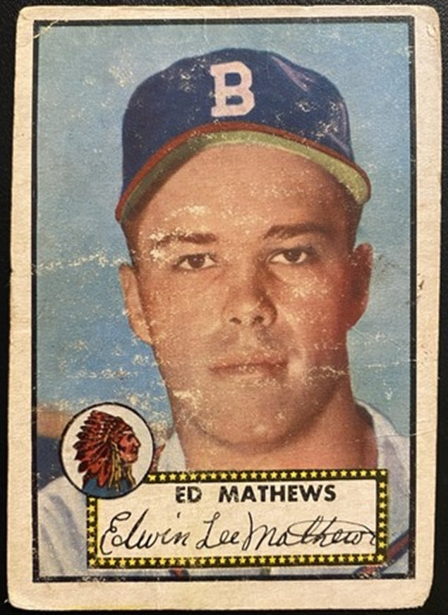 1952 Topps baseball Eddie Mathews rookie card #407, BRAVES (HOF)