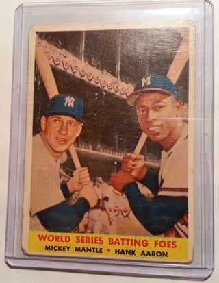 1958 Topps baseball Mickey Mantle & Hank Aaron #418, YANKEES / BRAVES (HOF)