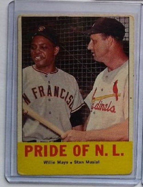 1963 Topps baseball Willie Mays & Stan Musial #138, GIANTS / CARDINALS (HOF)
