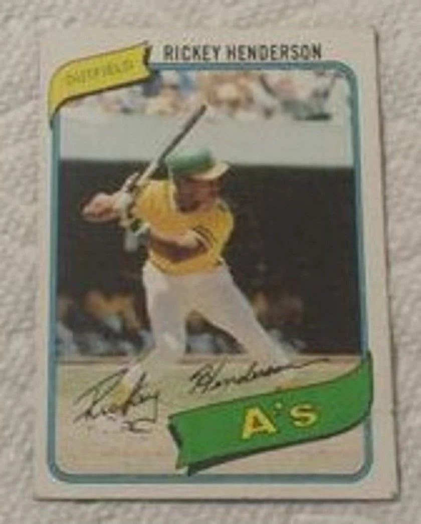 1980 Topps baseball Rickey Henderson rookie card #482, ATHLETICS / Blue JAYS (HOF)